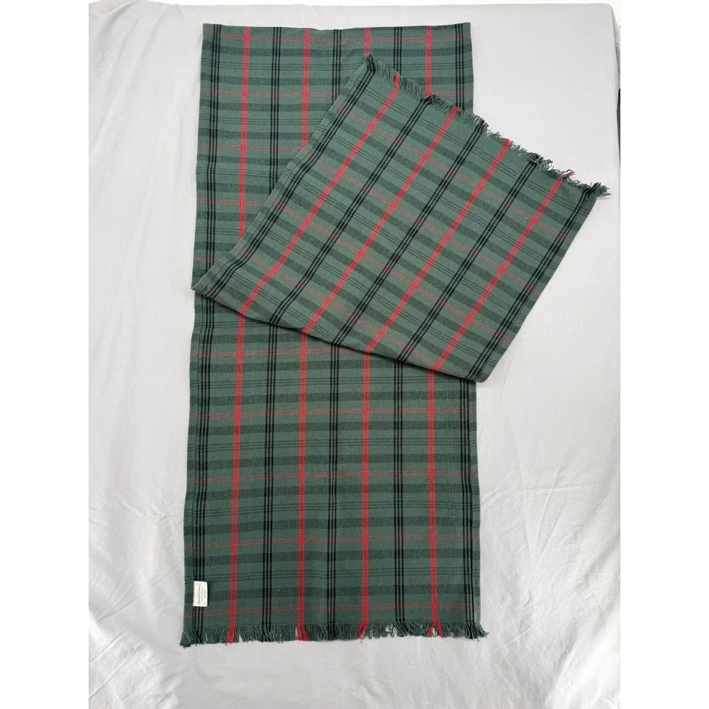 Rustic Table Runner Oversize Green Red Plaid 88x20.5 100% Cotton Fringed